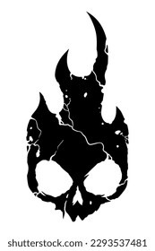 Burning skull on fire. Skull icon illustration. Goth design for prints. Comic style. Sticker for Horror or Halloween. Hand drawing illustration isolated on white background. Vector EPS 10