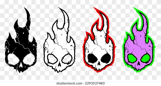 Burning skull on fire. Skull icon illustration. Goth design for prints. Comic style. Sticker for Horror or Halloween. Hand drawing illustration isolated on white background. Vector EPS 10