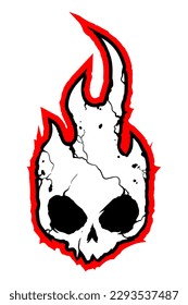 Burning skull on fire. Skull icon illustration. Goth design for prints. Comic style. Sticker for Horror or Halloween. Hand drawing illustration isolated on white background. Vector EPS 10