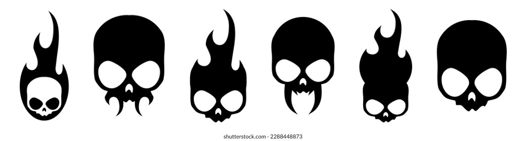 Burning skull on fire. Skull icons illustration. Gothic design for prints. Comic style. Sticker for Horror or Halloween. Hand drawing illustration isolated on white background. Vector EPS 10