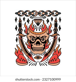 diseño vectorial del conjunto de tatuajes de cráneo en llamas