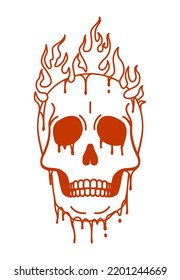 Burning skull that melts and dripping. Design for t-shirt with melting human skull on fire. Typography graphics for tee shirt and apparel print. Vector illustration.