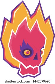Burning skull with tongues of flame in cartoon style. Doodle sticker.