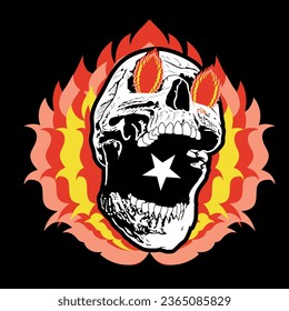 Burning skull t-shirt design isolated on black. Demonic character vector illustration