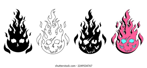 Burning skulls on fire in trendy retro style. Gothic design for prints. Comic style illustration. T-shirt print for Horror or Halloween. Hand drawing illustration isolated on white background. Vector