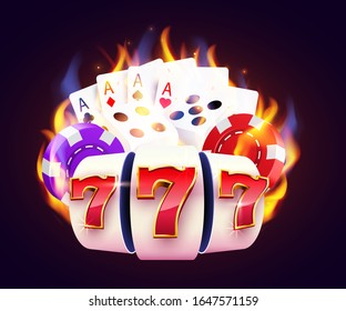 Burning slot machine, dices, poker cards wins wins the jackpot. Fire casino concept. Hot 777. Vector illustration