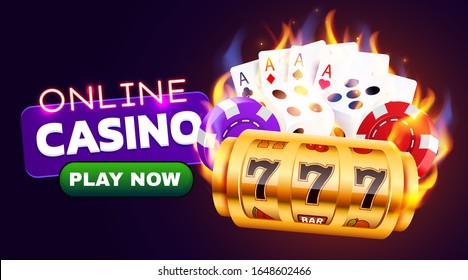 Burning slot machine, dices, poker cards wins wins the jackpot. Fire casino concept. Hot 777. Vector illustration