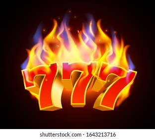 Burning slot machine wins wins the jackpot. Fire casino concept. Hot 777 Vector illustration