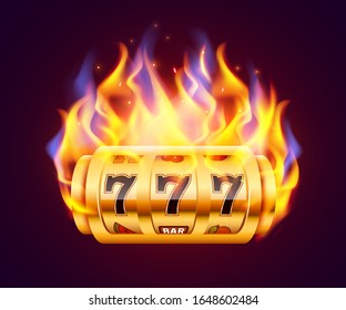 Burning slot machine wins wins the jackpot. Fire casino concept. Hot 777. Vector illustration