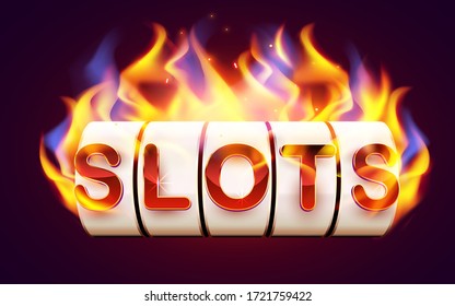 Burning slot machine wins wins the jackpot. Fire casino concept. Hot 777. Vector illustration