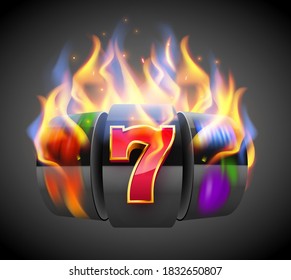 Burning slot machine wins wins the jackpot. Fire casino concept. Hot 777. Vector illustration