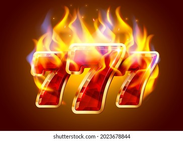 Burning slot machine wins wins the jackpot. Fire casino concept. Hot 777. Vector illustration