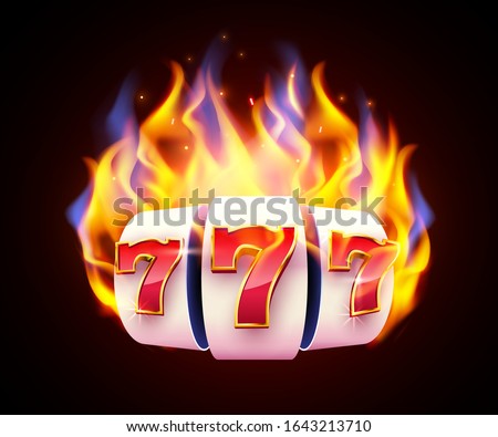 Burning slot machine wins wins the jackpot. Fire casino concept. Hot 777 Vector illustration
