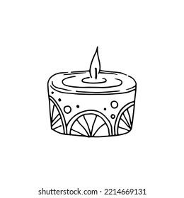 Burning small aromatic candle isolated on white background. Round candle with maple leaf, aromatherapy. Hand drawn doodle style, vector illustration.