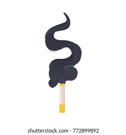 Burning, smoking cigarette and clout of black smoke, flat style vector illustrations isolated on white background. Burning cigarette with big cloud of black smoke