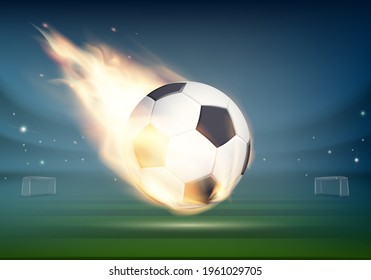 Burning soccer ball flies over the stadium. Vector illustration.