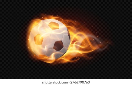 Burning soccer ball flight realistic 3D vector illustration. Professional sports equipment for team game in fire flame. Cartoon render football sport game strong power action on black background