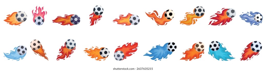 Burning soccer ball icons set. Soccer balls with colorful flames trailing behind, representing speed, power, and the passion of the game