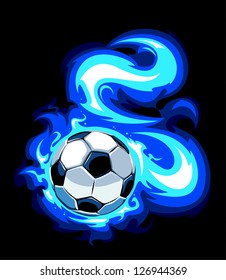Burning soccer ball on black background. Vector illustration.