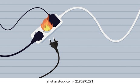 Burning socket due to overload. Power line with multiple plugs and cables