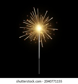 Burning sparkler. Bengal light realistic, christmas, new year and happy birthday sparkling candle, pyrotechnics for party. Firework isolated on black background. Vector 3d illustration