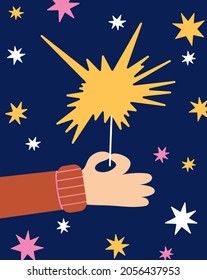 Burning sparkler in hand.Vector illustration in flat cartoon style. Christmas greeting card or poster.