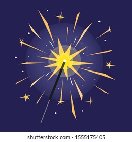 Burning sparkler isolated on blue background. Bright yellow indian firework with sparks. Element for design banner, flyer, card for party, birthday, celebration. Vector illustration.
