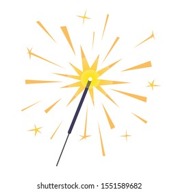 Burning sparkler isolated on white. Bright yellow indian firework with sparks.  Element for design banner, flyer, card, background for party, birthday, celebration. Vector illustration.