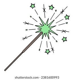 Burning sparkler. From a lit fire, green sparks scatter in the form of stars. Pyrotechnics. Color vector illustration. Isolated background. Cartoon style. Attribute for celebrating a festive event. 