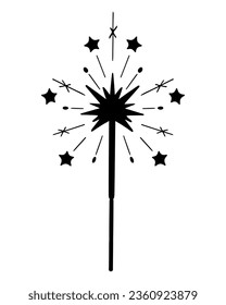 Burning sparkler. Silhouette. From a lit fire, sparks scatter in the form of stars. Pyrotechnics. Vector illustration. Isolated background.  Attribute for celebrating a festive event. 