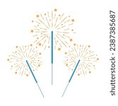 Burning sparklers isolated on white. Bright yellow fireworks with sparks and glow. Design elements for banner, flyer, card, background for party, birthday, holiday. Vector illustration