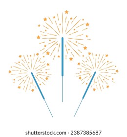 Burning sparklers isolated on white. Bright yellow fireworks with sparks and glow. Design elements for banner, flyer, card, background for party, birthday, holiday. Vector illustration