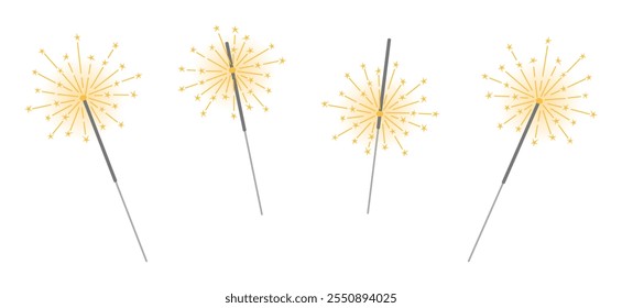 Burning sparklers set with gradient elements. Sparkling Bengal lights. Decorative fireworks for New Year celebration, birthday and other parties. Vector illustration isolated on white background.