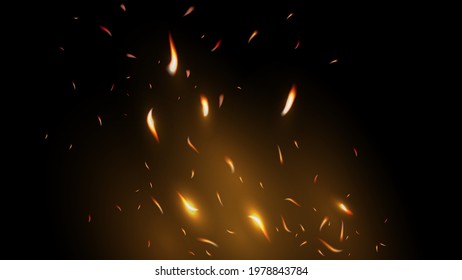 Burning sparks on dark background. Flying fire particles. Realistic Special Effect. Vector illustration