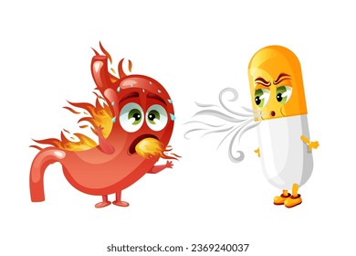 Burning stomach with blowing medicine capsule characters. Vector illustration isolated on white background. Cartoon style
