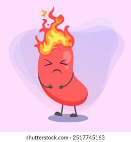 Ilustración vectorial de personaje de dibujos animados de estómago ardiente. Órgano humano digestivo insalubre. Cuidado de la salud, nutrición, concepto de emoción para el Anuncio o el Diseño web