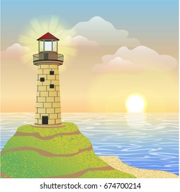 A burning stone lighthouse on a hill near the sea. Dawn or sunset. Sea vector landscape can be used in newsletter, brochures, postcards, banner. 