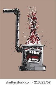 Burning stove with demonic face