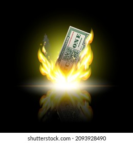 Stilvolles Papier mit einer Bitcoin-Banknote. Helle Flamme mit Reflexion auf schwarzem Hintergrund. Der qr-Code ist verschlüsselt, eine Bitcoin-Kryptowährung