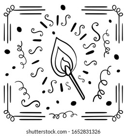Burning sulfuric match. Vector doodle illustration. Vector illustration isolated. Coloring page or book, anti-stress, hobby