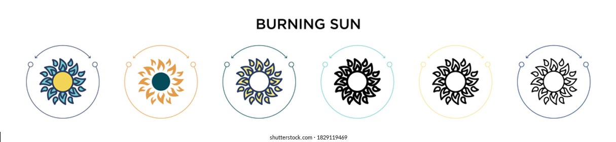 Burning sun icon in filled, thin line, outline and stroke style. Vector illustration of two colored and black burning sun vector icons designs can be used for mobile, ui, web
