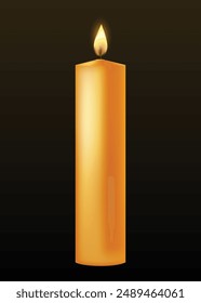 Burning tall wax candle. Yellow candle with golden flame. Illustration of beautiful glowing candle on dark background