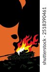Burning tank. Destroyed tank on the battlefield. Cartoon image for prints, poster and illustrations.
