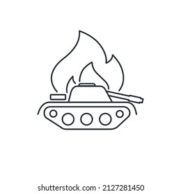 Tanque de quema en el campo de batalla. Icono lineal vectorial aislado en fondo blanco.
