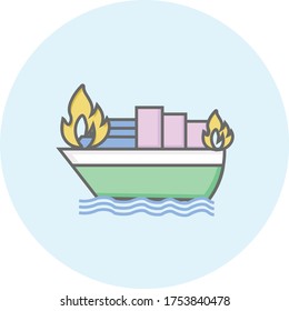 Burning tanker ship on sea at storm. Trendy insurance icon on blue background for web and mobile graphic.