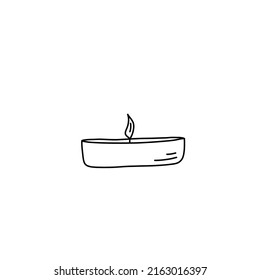 Burning tea light candle isolated on white background, doodle style
