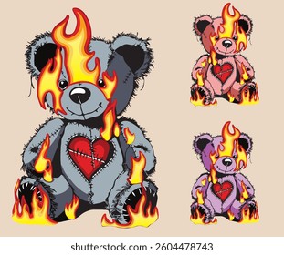 A burning teddy bear with a shattered heart.