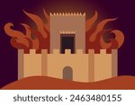 Burning temple in Jerusalem, three weeks of mourning. The shrine is on fire on a dark purple background. Flat vector illustration