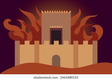 Templo en llamas en Jerusalén, tres semanas de duelo. El santuario está ardiendo sobre un fondo púrpura oscuro. Ilustración vectorial plana