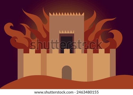 Burning temple in Jerusalem, three weeks of mourning. The shrine is on fire on a dark purple background. Flat vector illustration